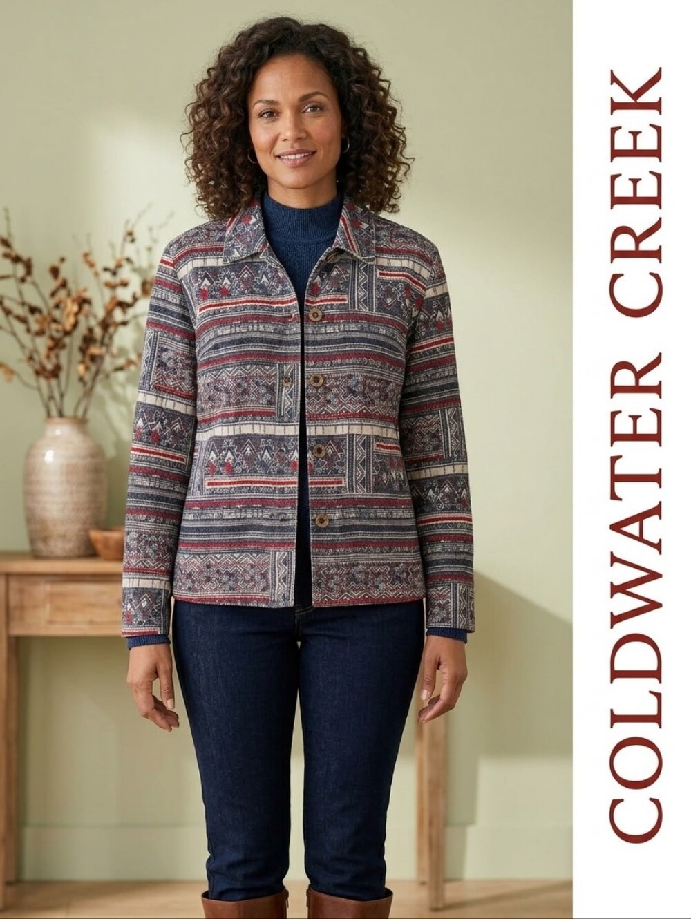Vintage Coldwater Creek Geometric Pattern / Tribal Print Linen-Blend Jacket